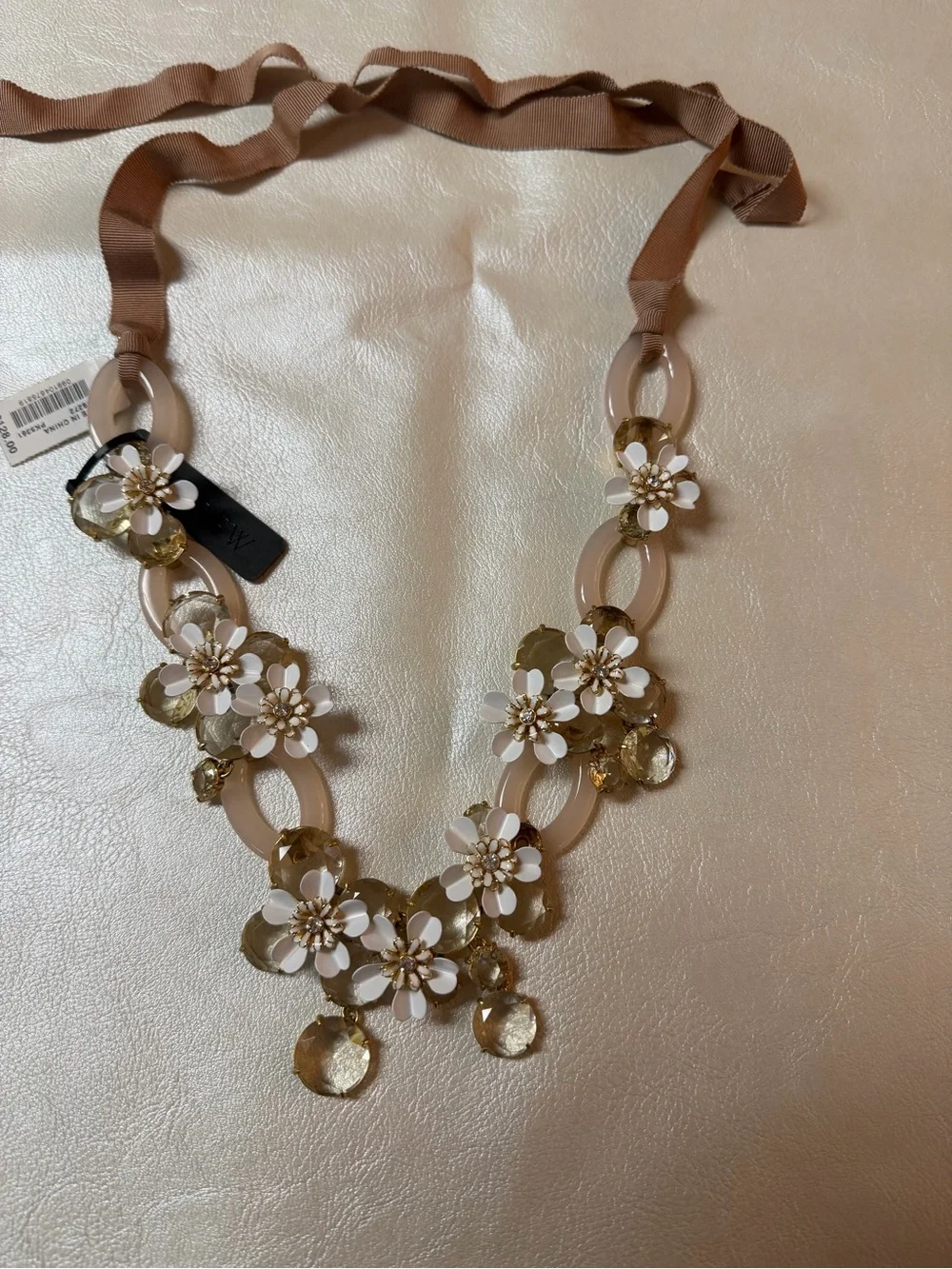 J. Crew White and Gold Floral Ribbon Necklace